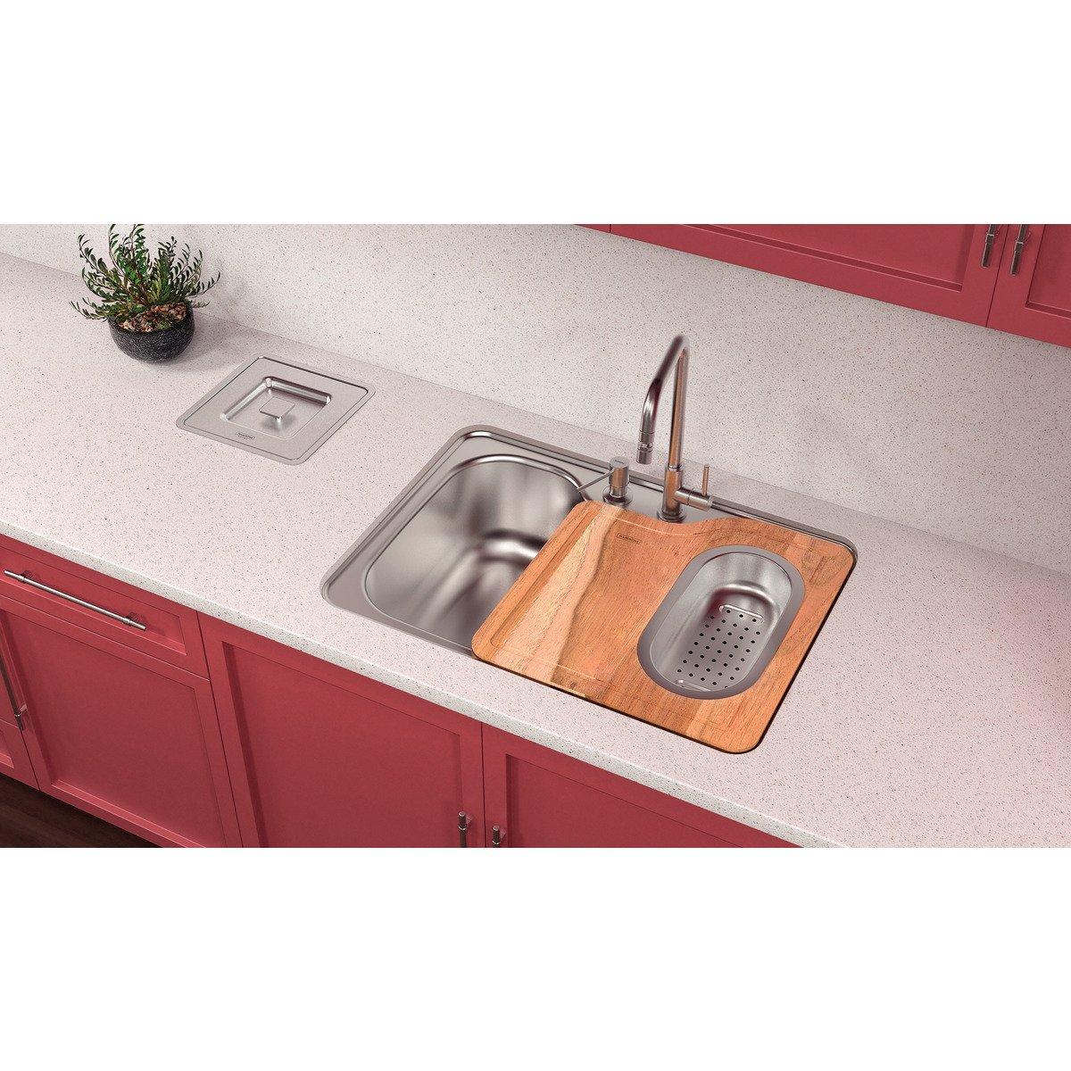 Cuba Tramontina Undermount Morgana em Aço Inox Acetinado 69 x 49 cm com Dosador de Sabão, Tábua e Cesto Coador