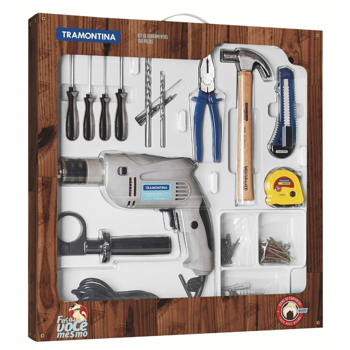 Kit Ferramentas Tramontina 100 Peças com Furadeira 500W 220V