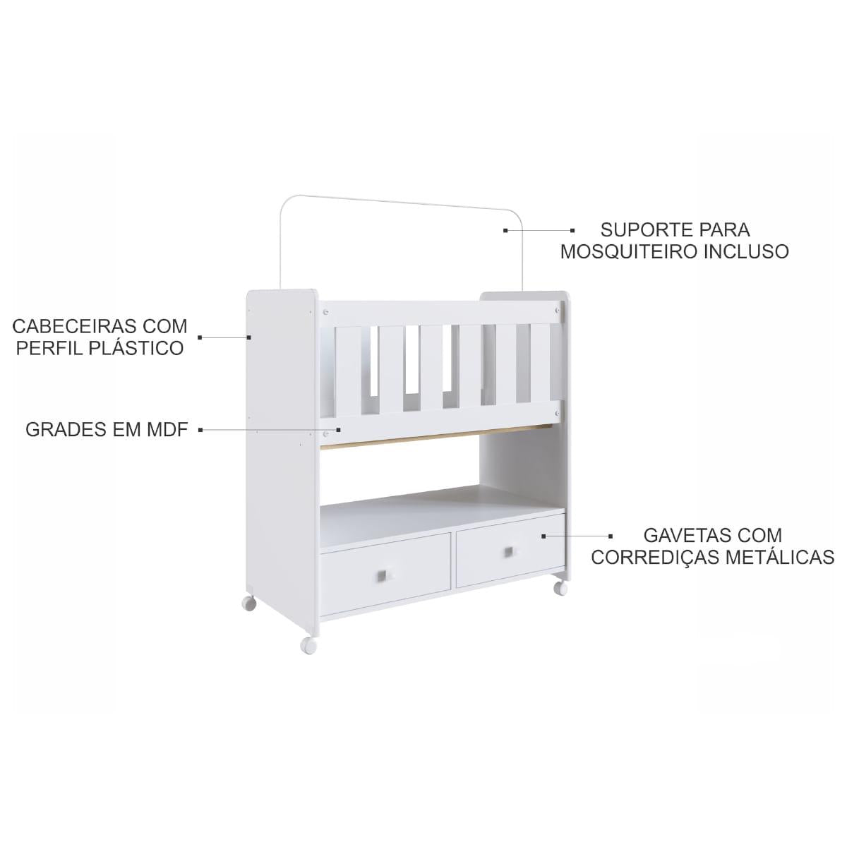 Mini Berço em MDP Branco 2 Gavetas Moisés com Colchão Completa Móveis BY511