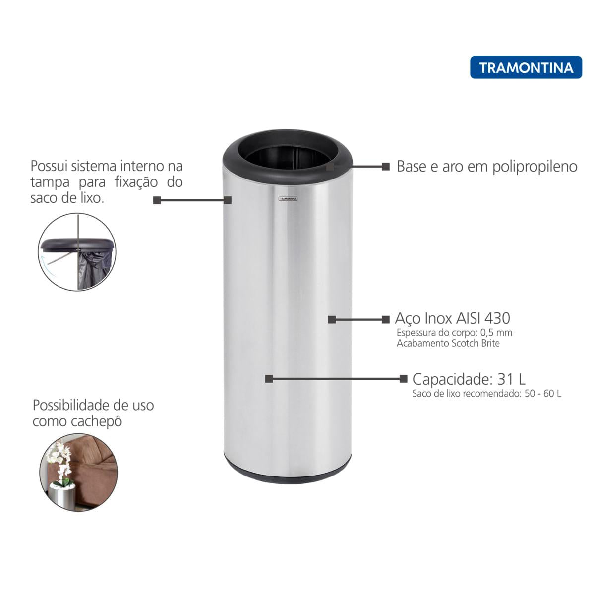 Lixeira Inox Tramontina Cápsula Scotch Brite e Aro e Base em Polipropileno 31 Litros