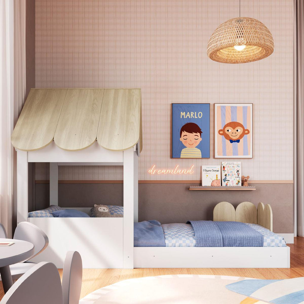 Cama Infantil Montessoriana Casinha Branca e Carvalho Completa Móveis
