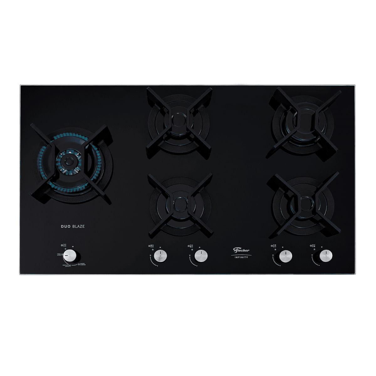 Cooktop a Gás Fischer 5 Bocas Tripla Chama Infinity Duo com Trempe de ferro fundido Mesa Vidro Bivolt