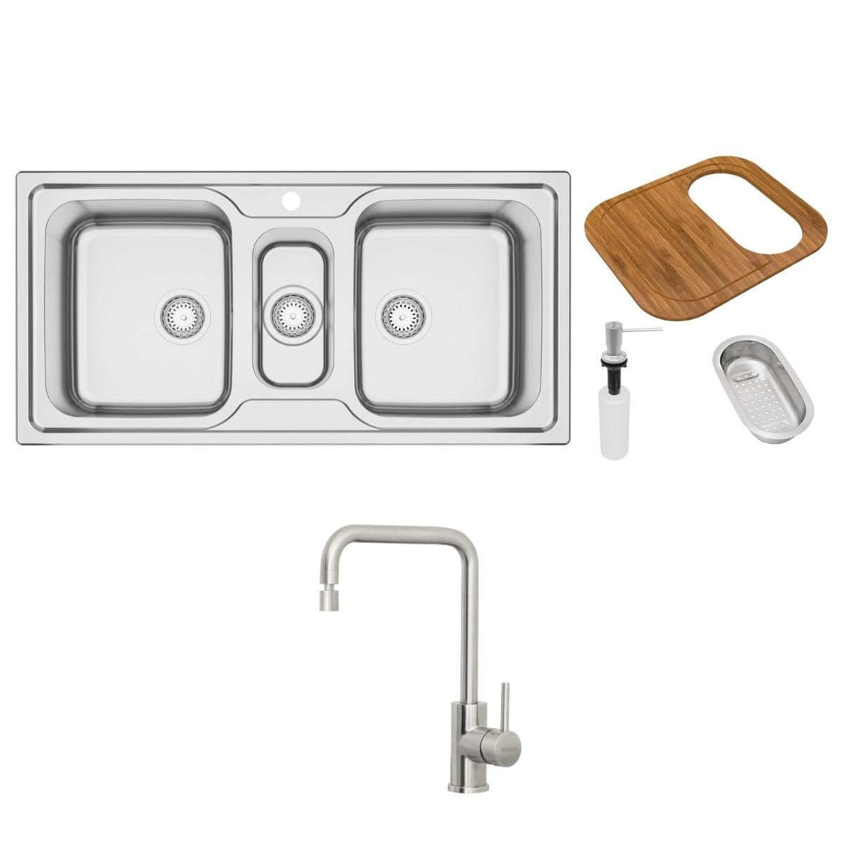 Cuba de Sobrepor Inox Acetinado 100x50cm Marea 2.5C 34 com Acessórios e Misturador Tramontina 93831133