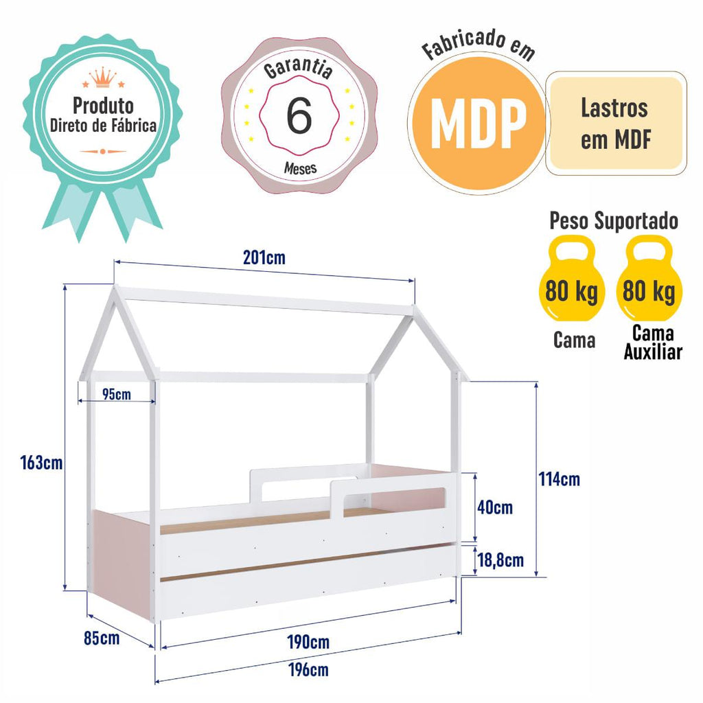 Cama Infantil Montessoriana com Cama Auxiliar Branco com Rosa Completa Móveis