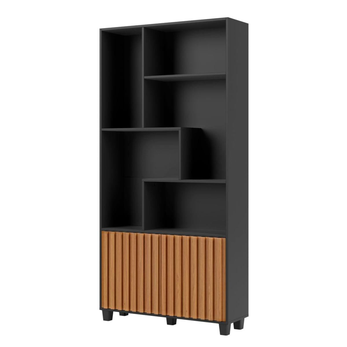 Estante Ripada com 2 Portas em MDF Preto Fosco/Freijó 94 x 30 x 192 cm C59 PFJ Dalla Costa