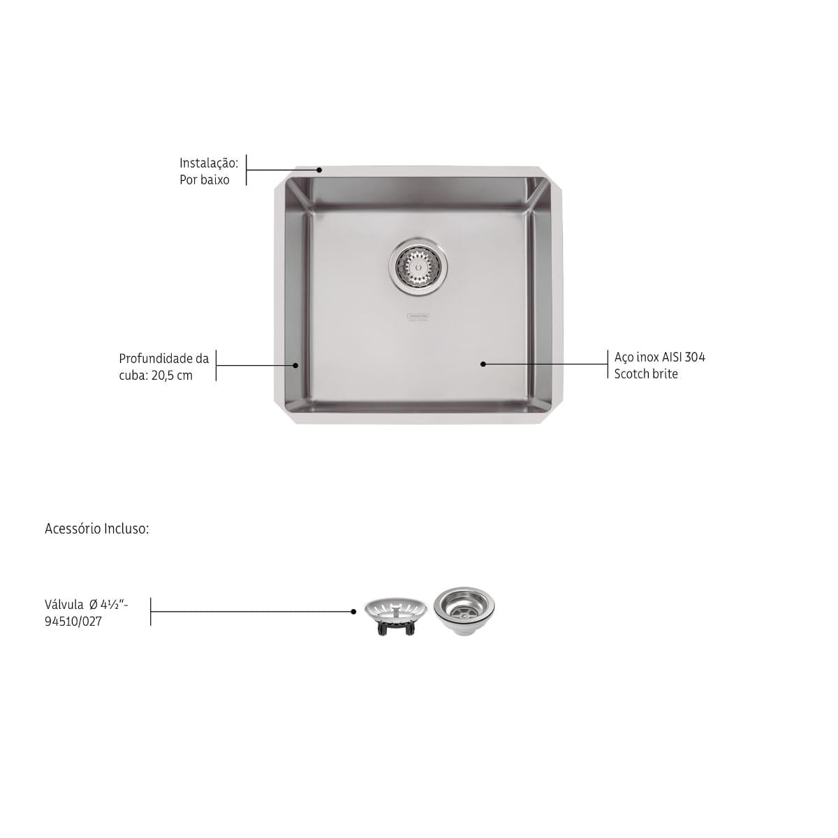 Cuba de Embutir Quadrum 45U Tramontina 45x40x20cm Aço Inox Acetinado Outlet