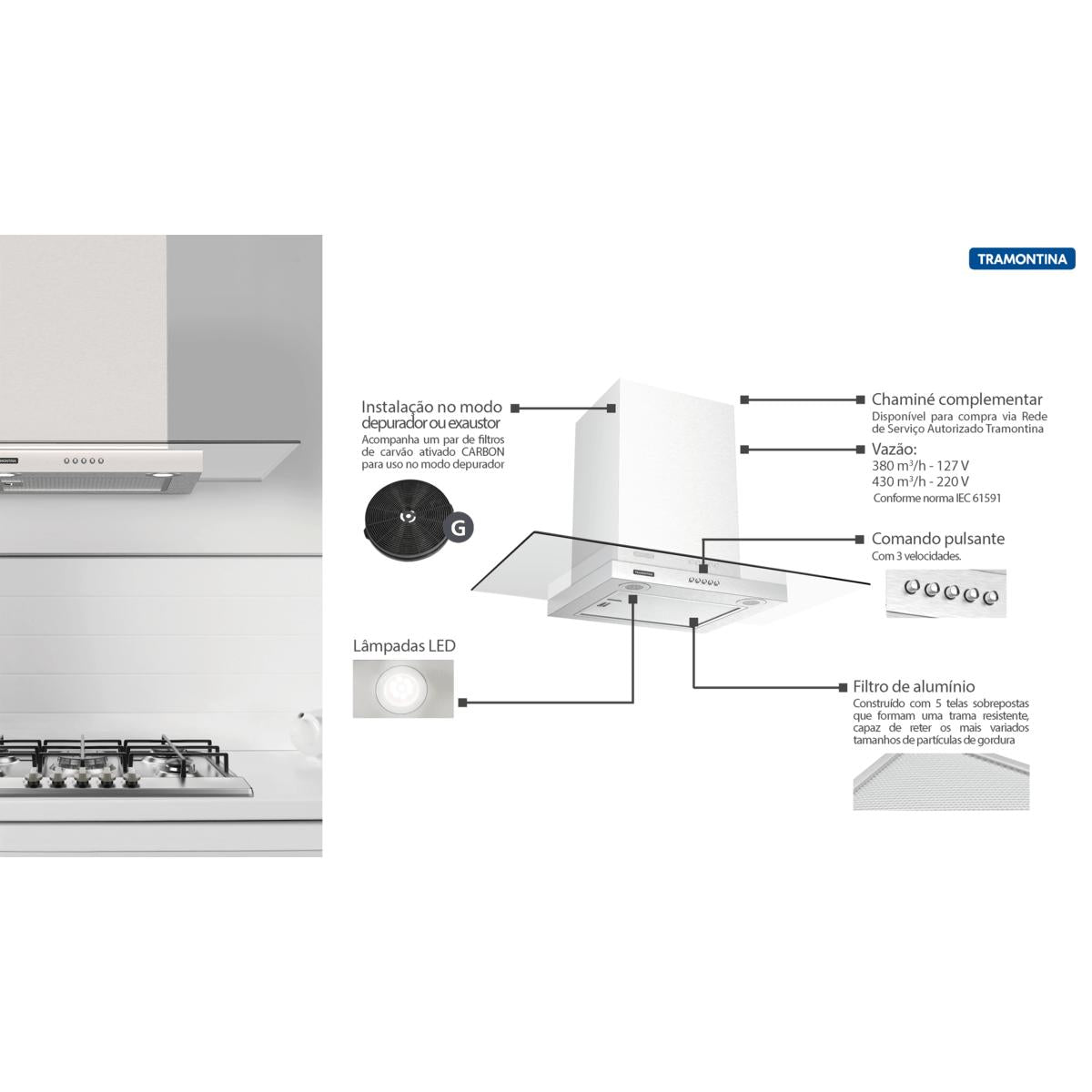 Coifa de Parede Tramontina Basic em Aço Inox 90 cm