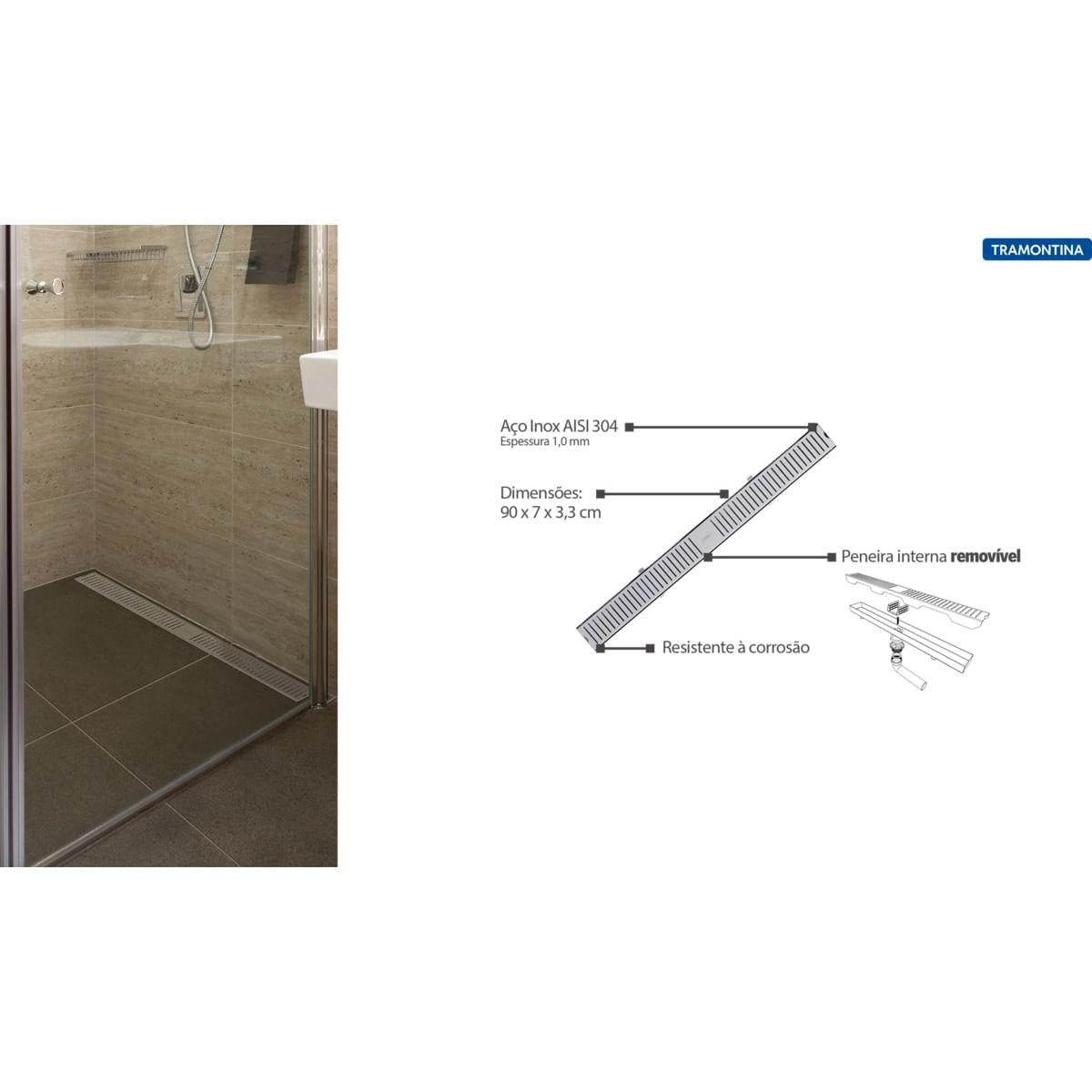 Ralo Slim Tramontina em Aço Inox 90 x 7 cm