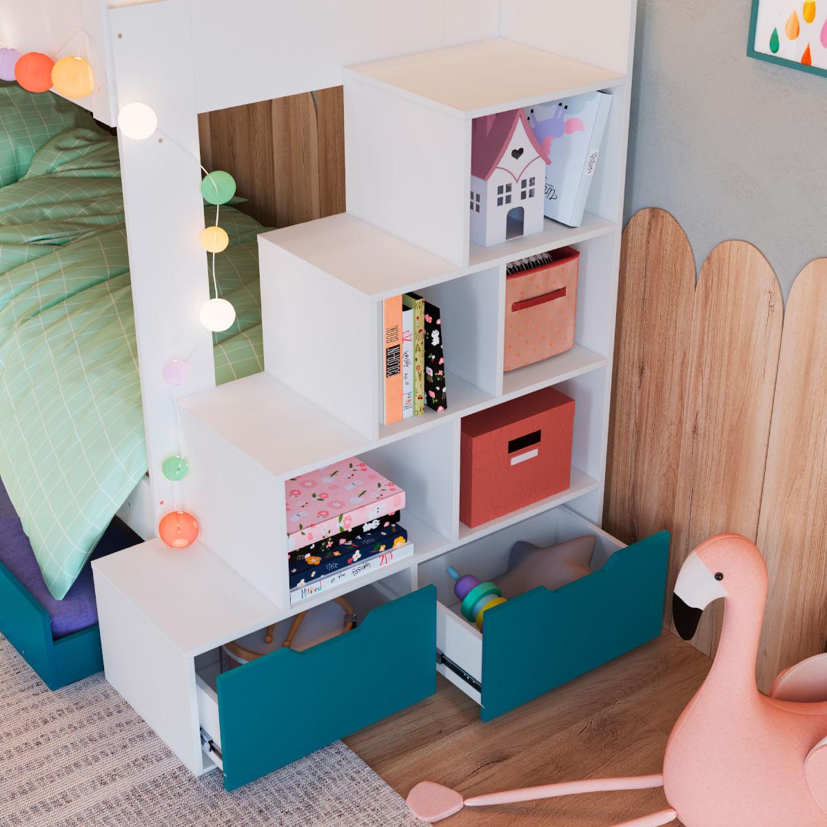 Treliche Infantil Branco e Azul Escada Lateral Nichos Gavetas e Cama Auxiliar Completa Móveis