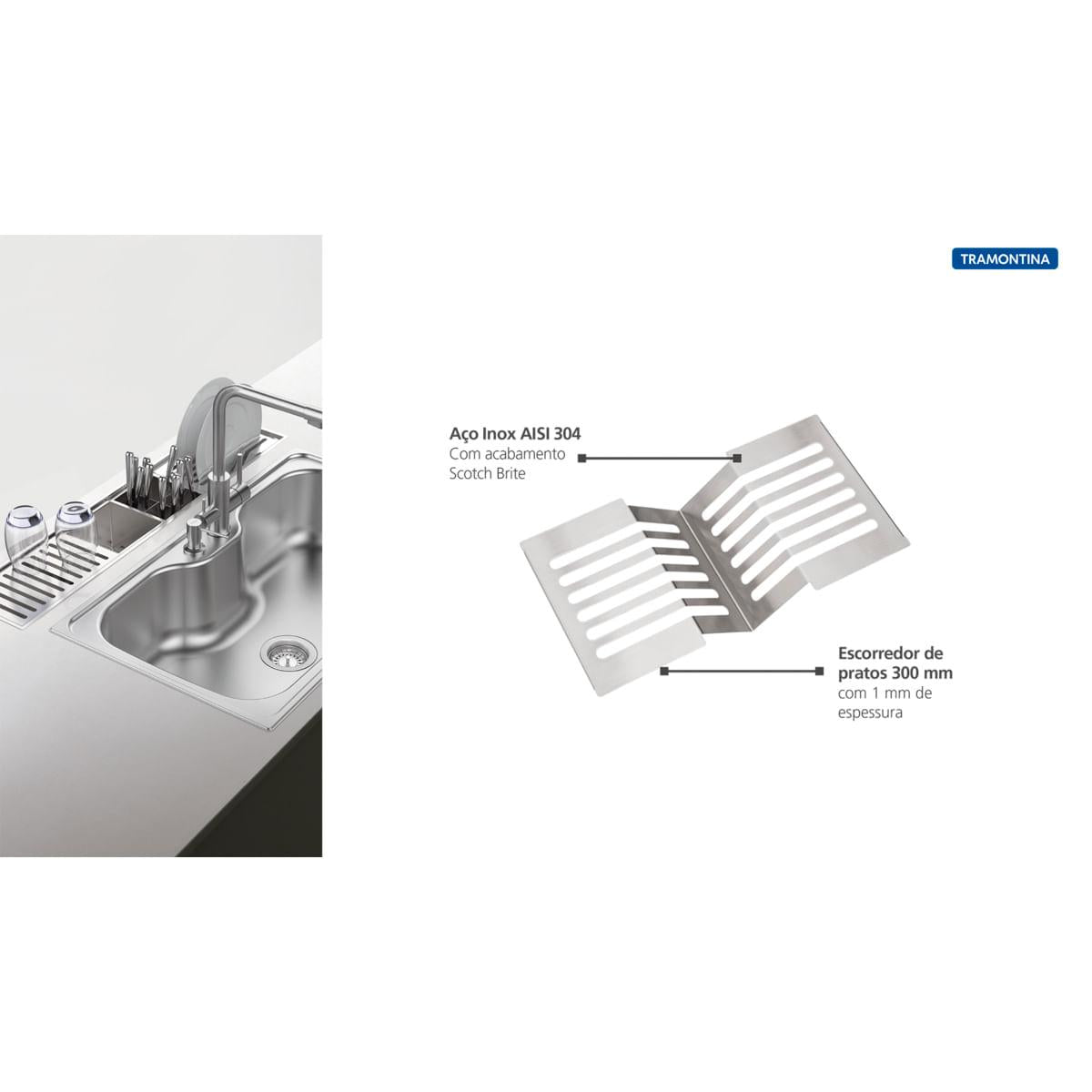 Escorredor de Pratos Tramontina em Aço Inox Scotch Brite para uso no Canal Organizador 30x15 cm