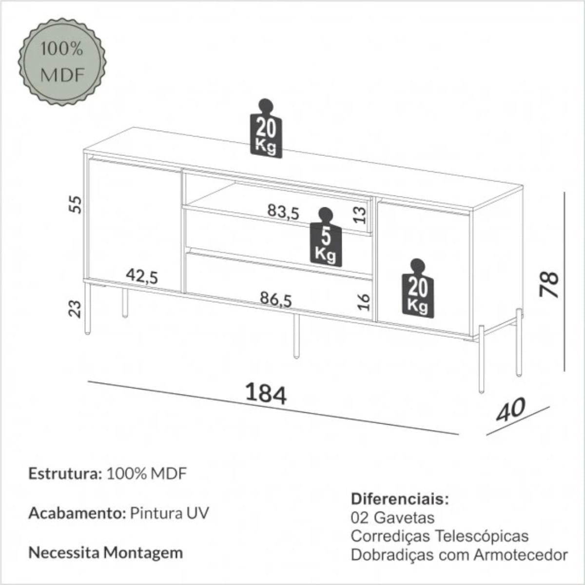 Buffet Balcão Florença 184cm MDF Freijó Off White com 2 Portas 2 Gavetas e Nicho Dalla Costa