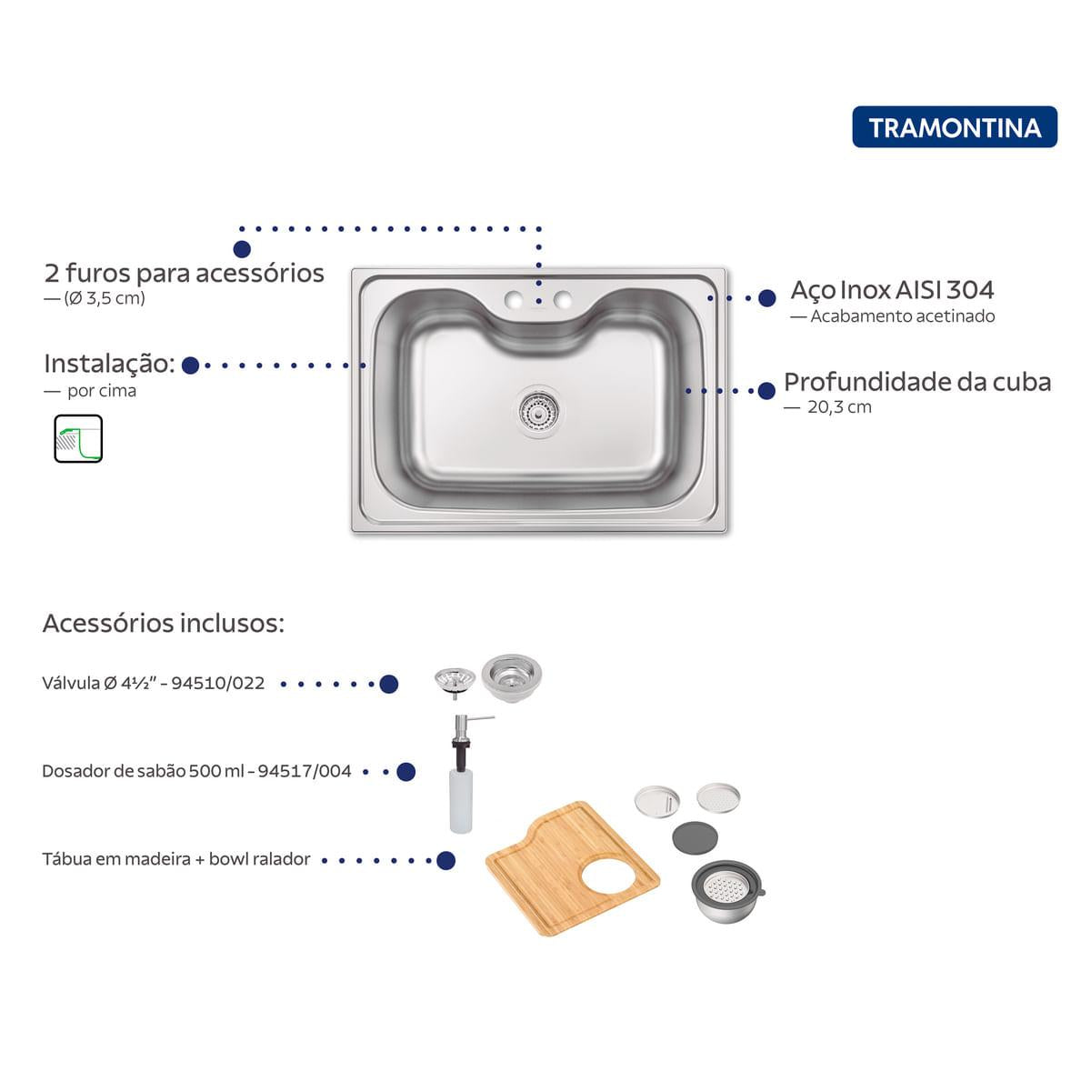 Cuba de Sobrepor Tramontina Morgana 60 FX Aço Inox com Dosador de Sabão Tábua e Bowl Ralador