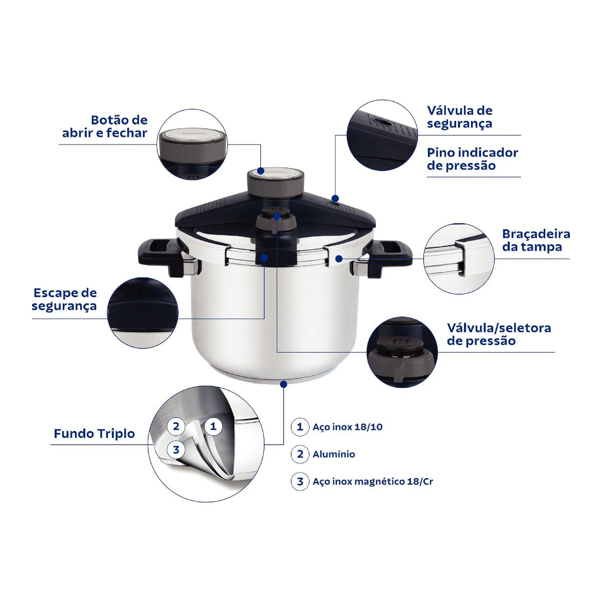 Panela de Pressão Presto Tramontina em Aço Inox 6L Fundo Triplo com 5 Sistemas de Segurança