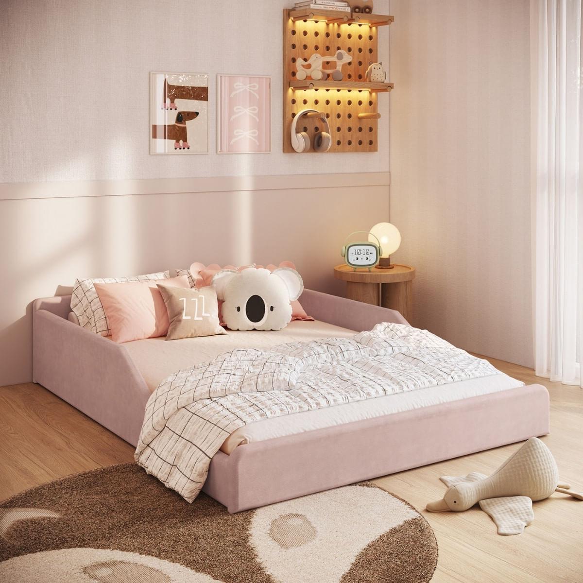 Cama Infantil Sentir Casal Estofada Rosa Completa Móveis