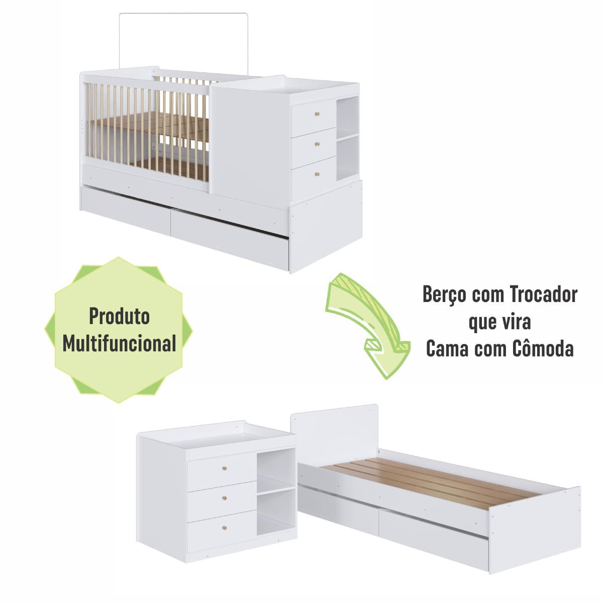 Berço Cama com Cômoda e Gavetões Branco Completa Móveis