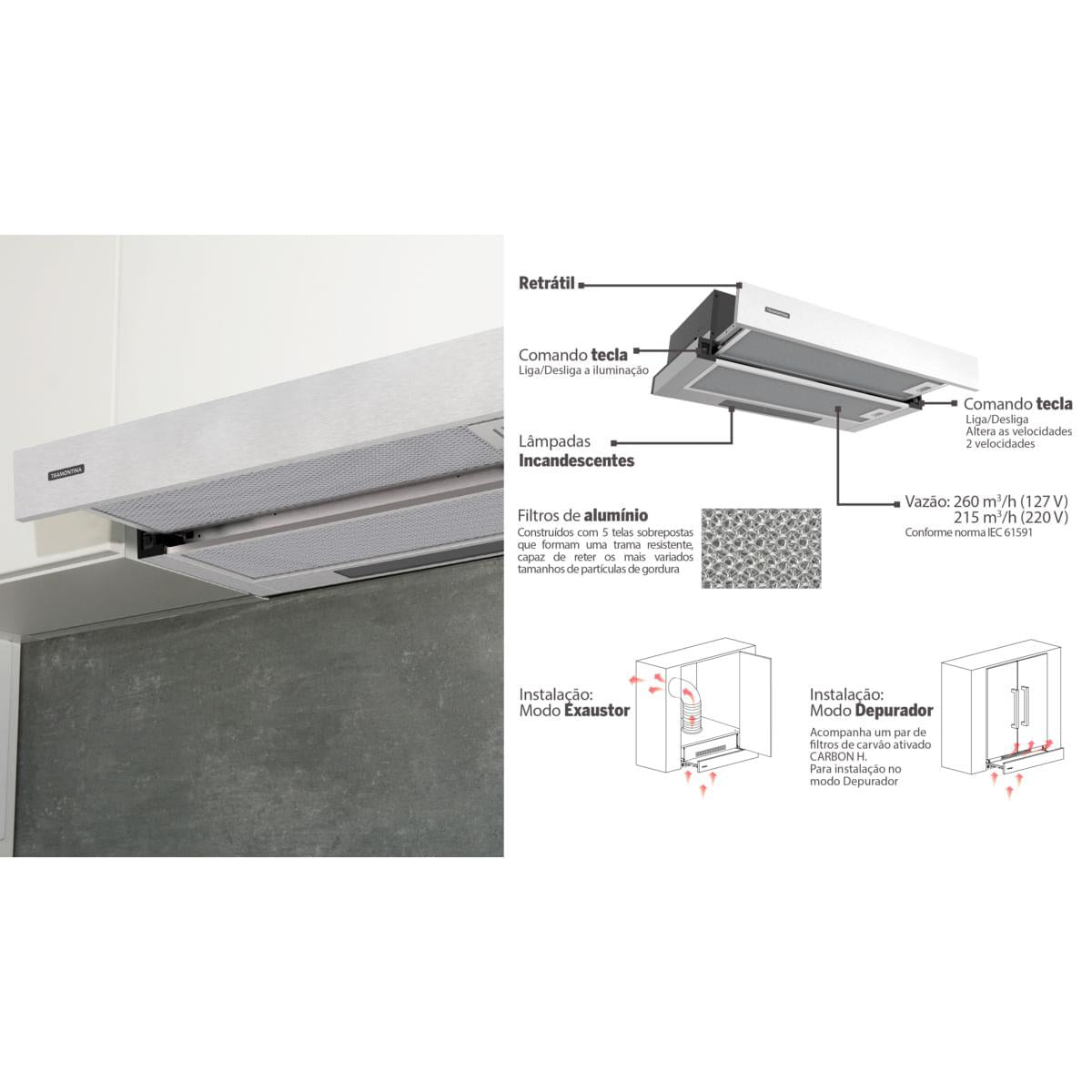 Depurador de Parede Retrátil Tramontina Slide em Aço Inox 60 cm