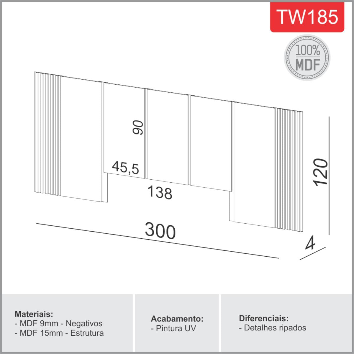 Cabeceira Casal Queen 300 x 120cm em MDF Off White/Freijó Dalla Costa TW185WJ