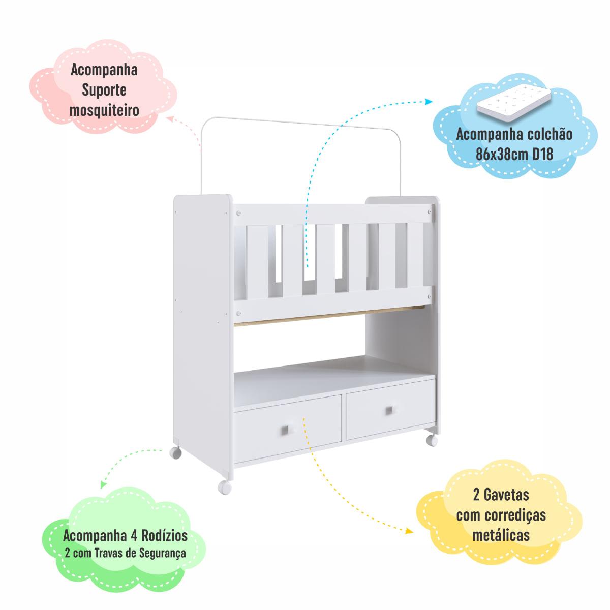 Mini Berço em MDP Branco 2 Gavetas Moisés com Colchão Completa Móveis BY511