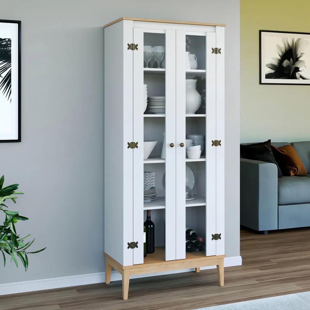 Cristaleira Colonial 75x41x180cm Branco Mel 2 Portas Movelbento