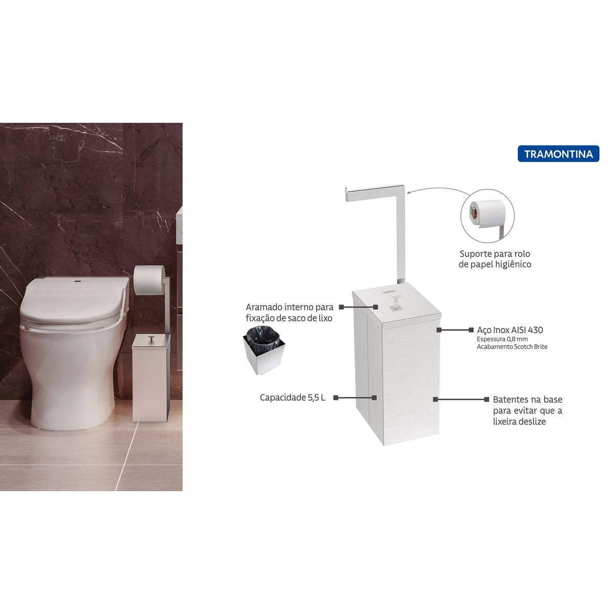 Lixeira Inox Luz Slim com Suporte para Papel Higiênico Tramontina Scotch Brite 5,5 Litros OUTLET