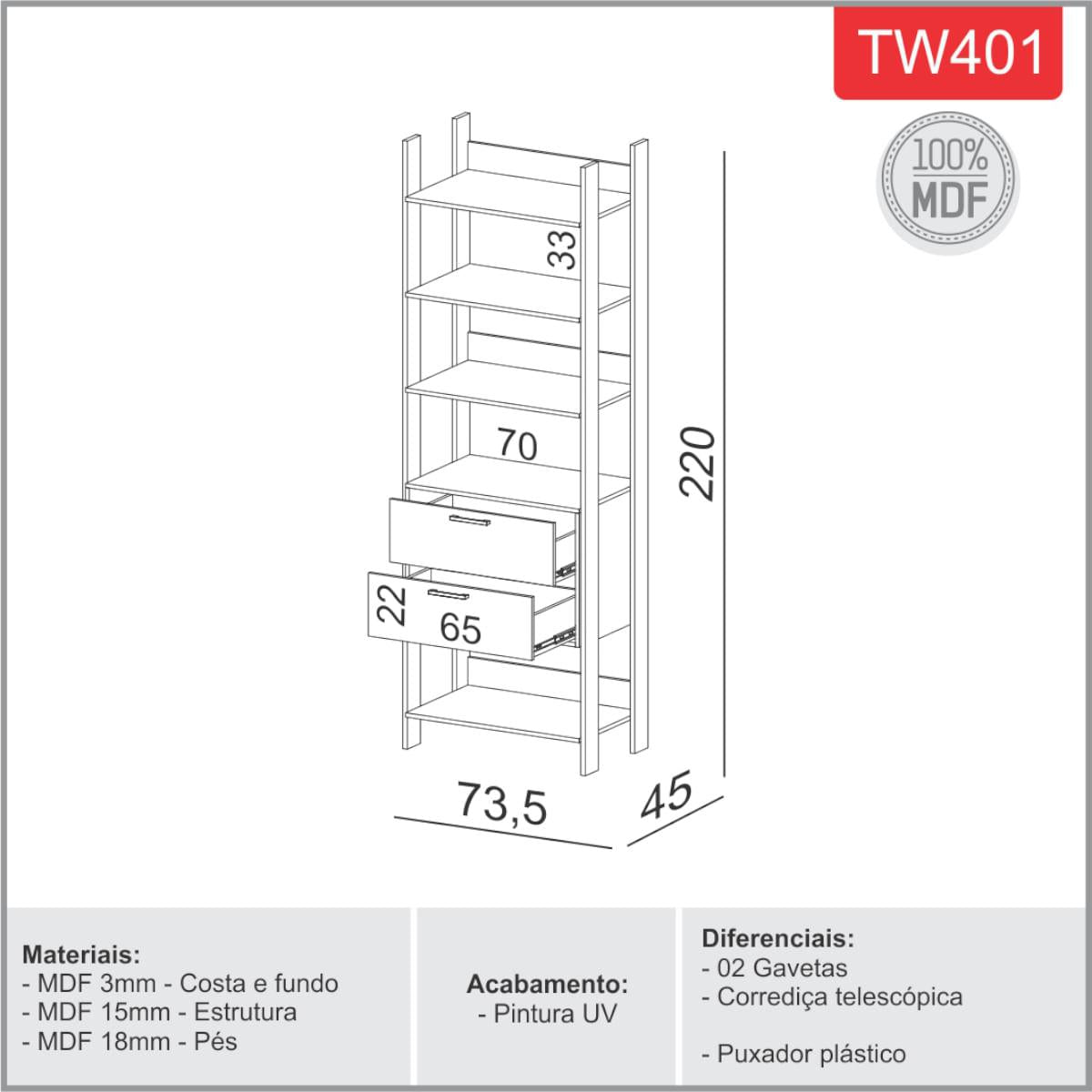 Closet em MDF 2 Gavetas Freijó/Preto Fosco 74 cm TW401 JPF Dalla Costa