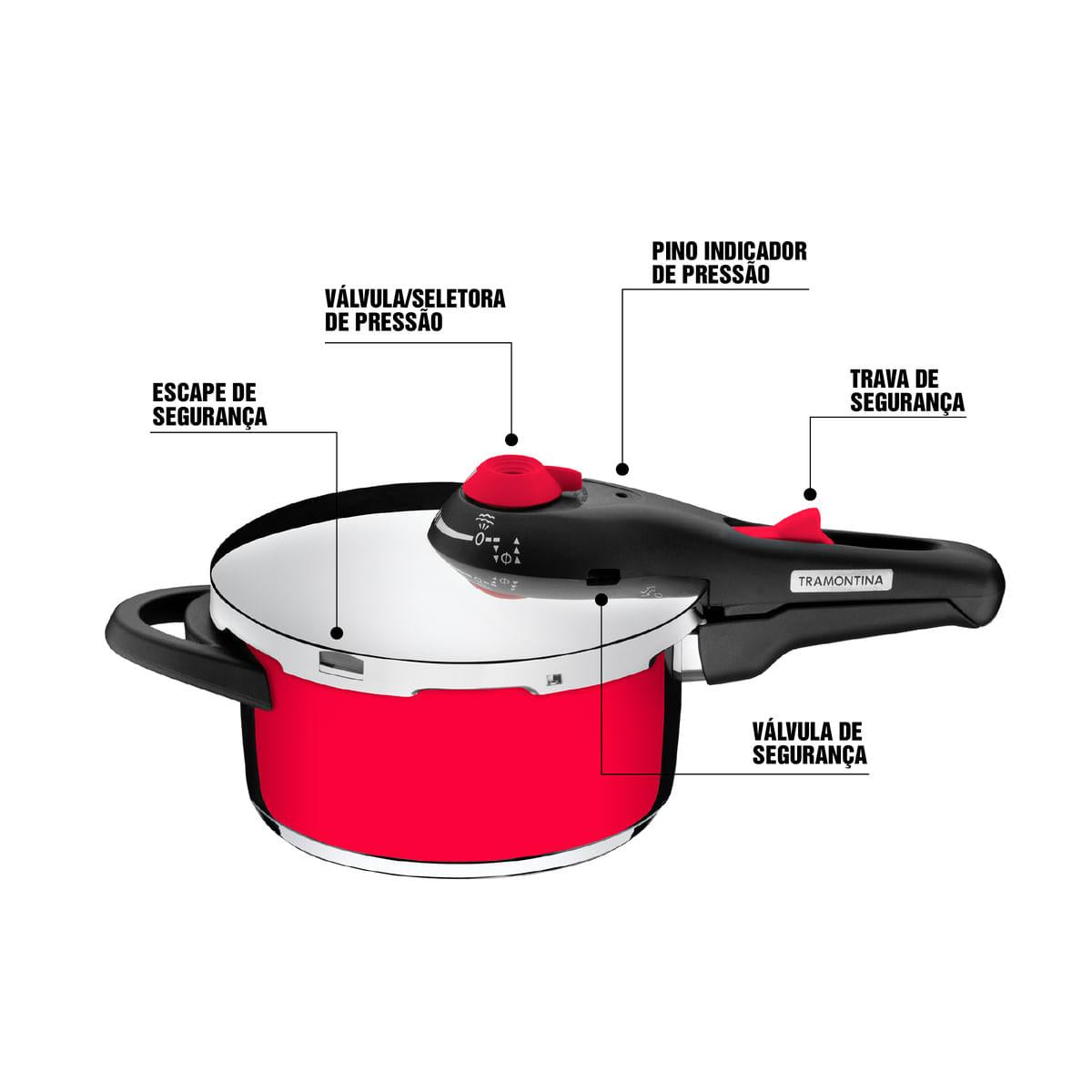 Panela de Pressão Tramontina Solar Vermelha em Aço Inox Fundo Triplo 22 cm 6 Litros