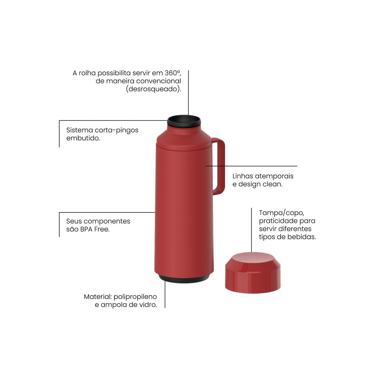 Garrafa Térmica Tramontina Exata 1 Litro em Plástico Vermelho com Ampola de Vidro