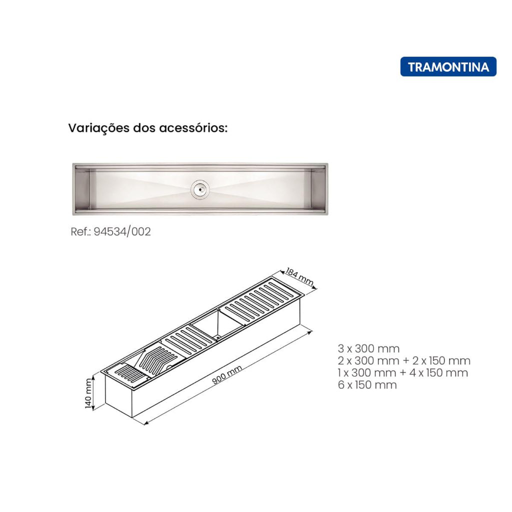 Canal Organizador em Aço Inox Tramontina para Sobrepor com Acabamento Scotch Brite 90x18 cm