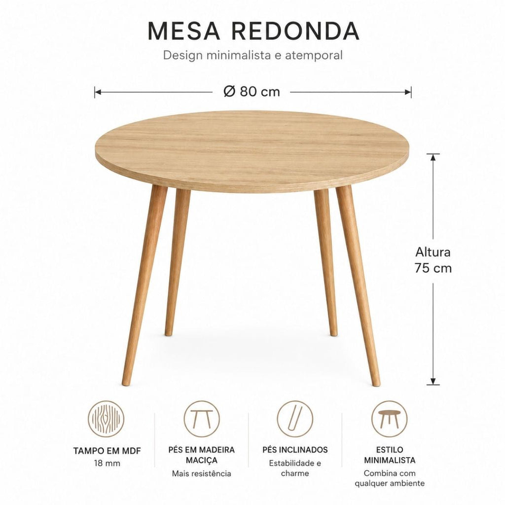 Mesa Jantar Sofia Redonda 80cm Carvalho Tropical 18mm Pés de Madeira Natural Marin