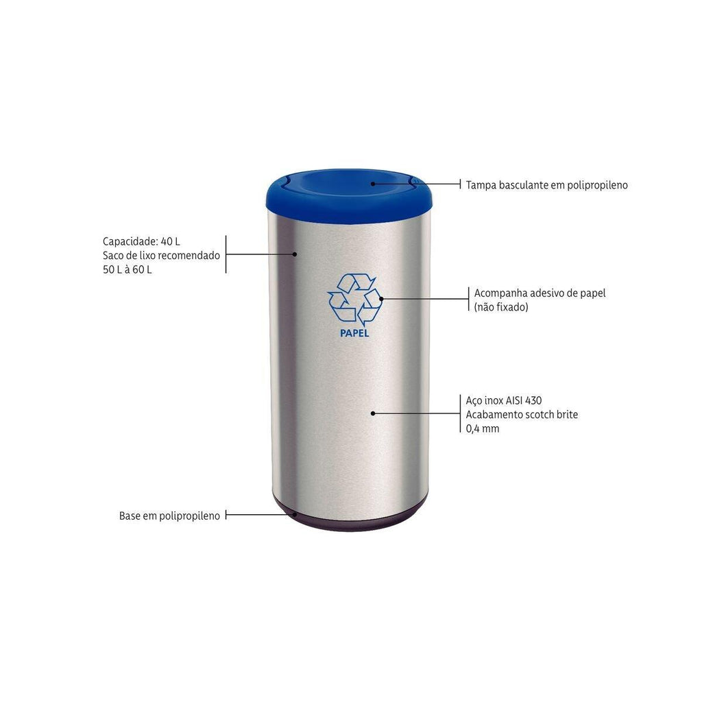 Lixeira Inox Tramontina Piemonte 40 Litros Acetinado Tampa Basculante Azul em Polipropileno