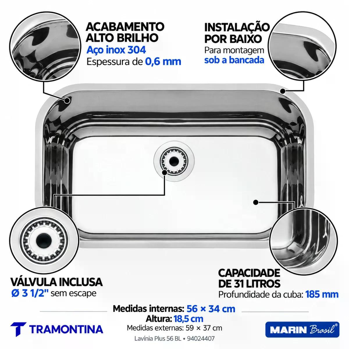 Cuba Tramontina Lavínia Plus 56 BL Inox Alto Brilho 56 x 34 cm Válvula 3 1/2 pol