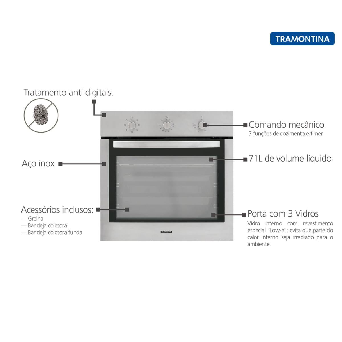 Forno Elétrico de Embutir Tramontina New Inox Cook em Aço Inox 7 Funções 71 L