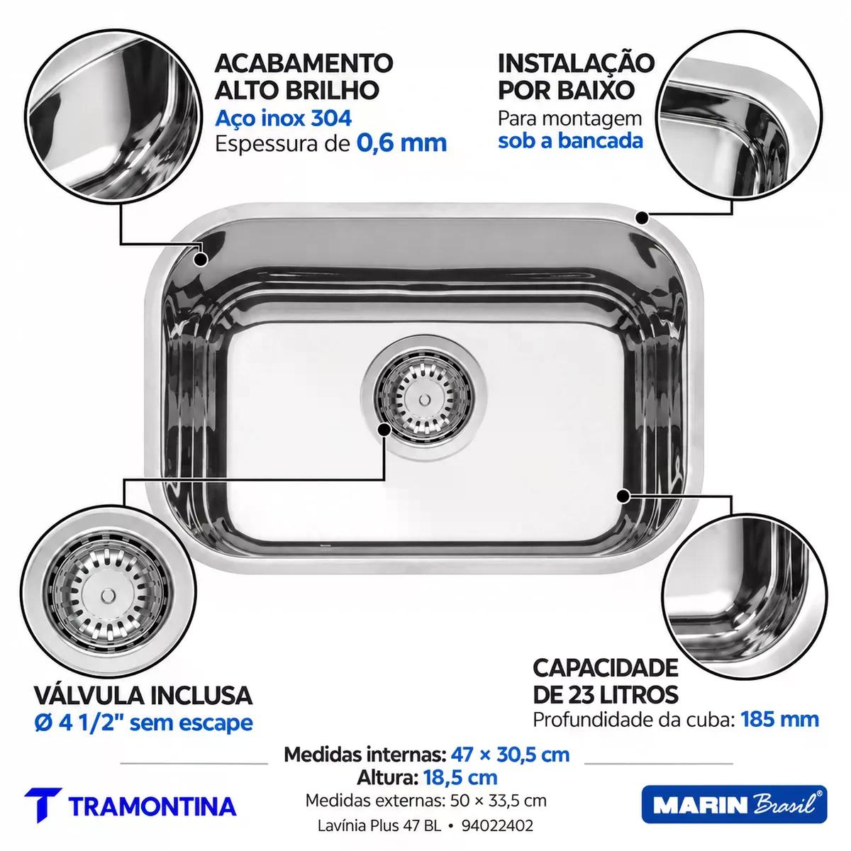 Cuba Tramontina Lavínia Plus 47 BL Inox Alto Brilho 47 x 30,5 cm Válvula 4 1/2 pol