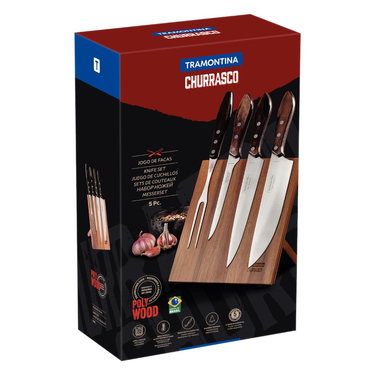 Jogo para Churrasco Tramontina em Aço Inox Cabos em Madeira Polywood Castanho 5 Peças