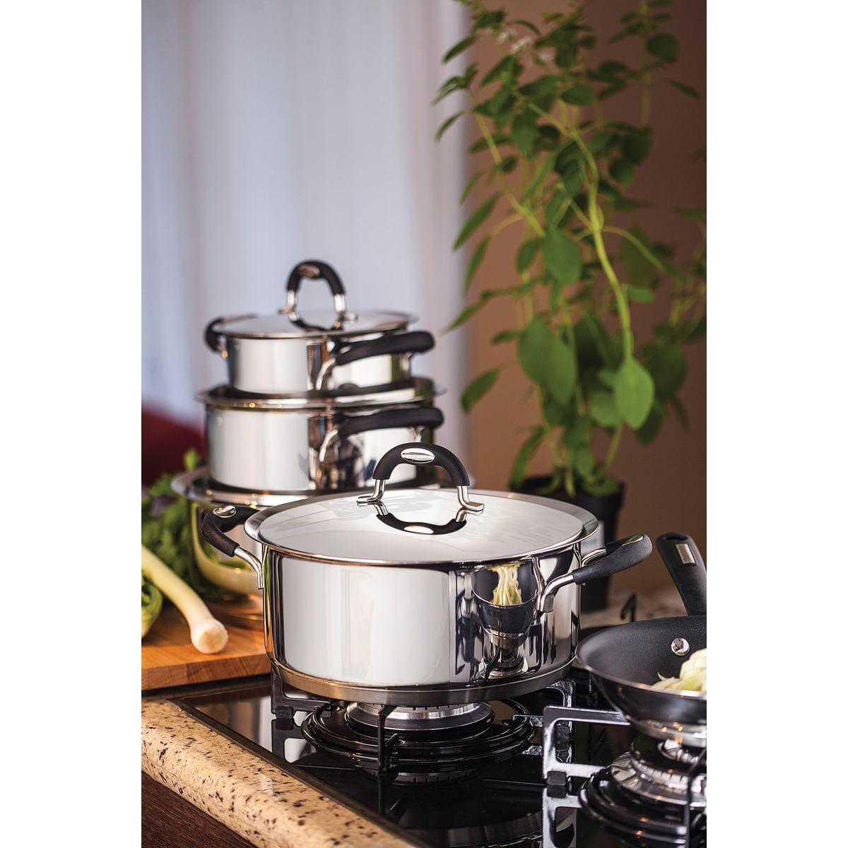Jogo de Panelas Tramontina 5 Peças Duo Silicone em Aço Inox Fundo Triplo com Cabos e Alças de Silicone