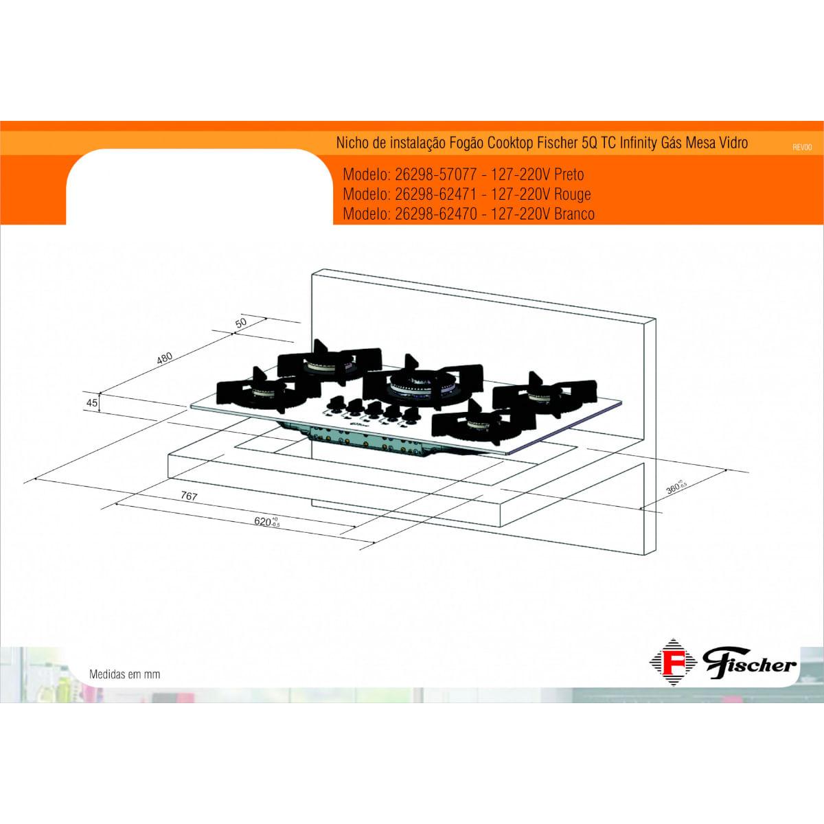 Cooktop Fischer 5Q Tripla Chama Infinity Gás Mesa Vidro Preto