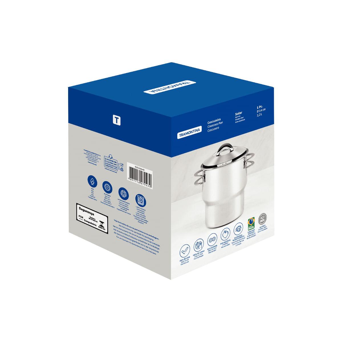 Cuscuzeira Tramontina Solar em Aço Inox com Tampa e Alças 2,2L 14cm