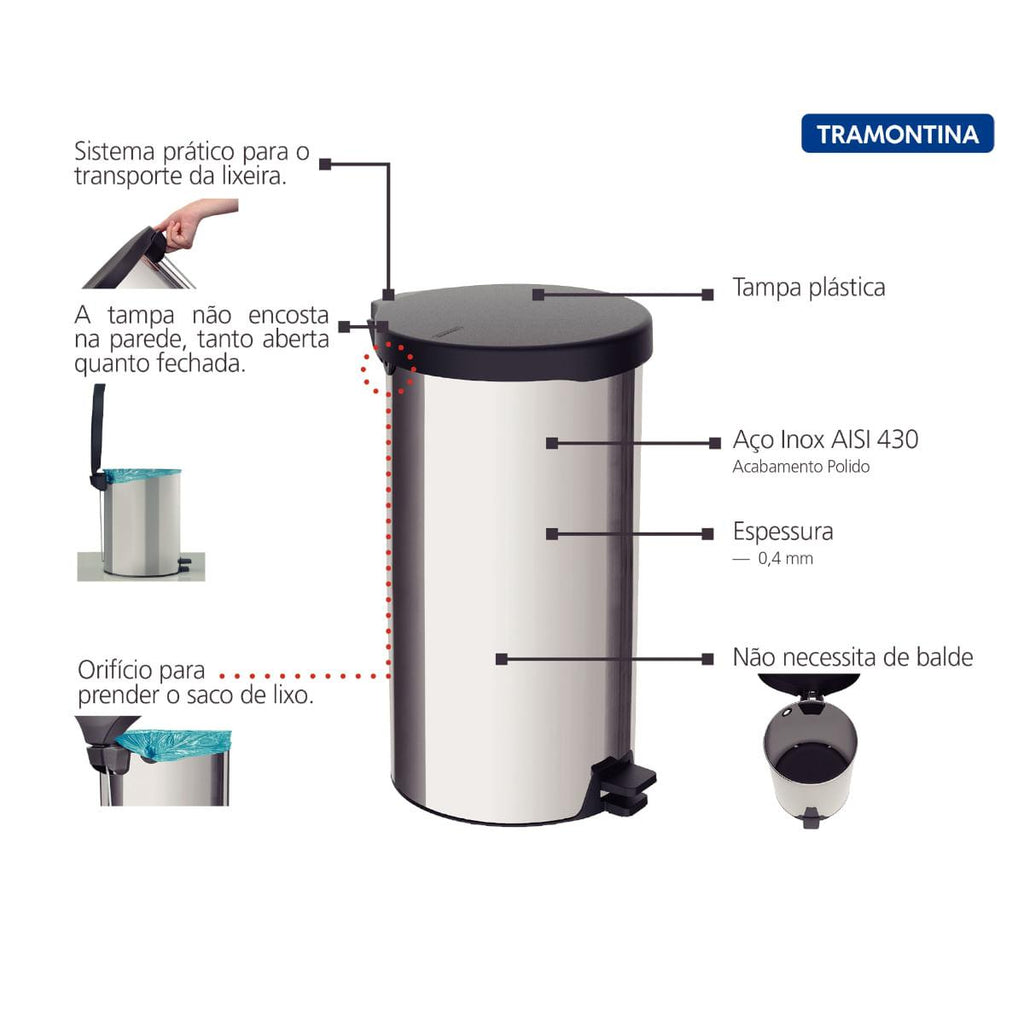 Lixeira com Pedal 20 Litros New Tramontina em Aço Inox Polido com Tampa Plástica