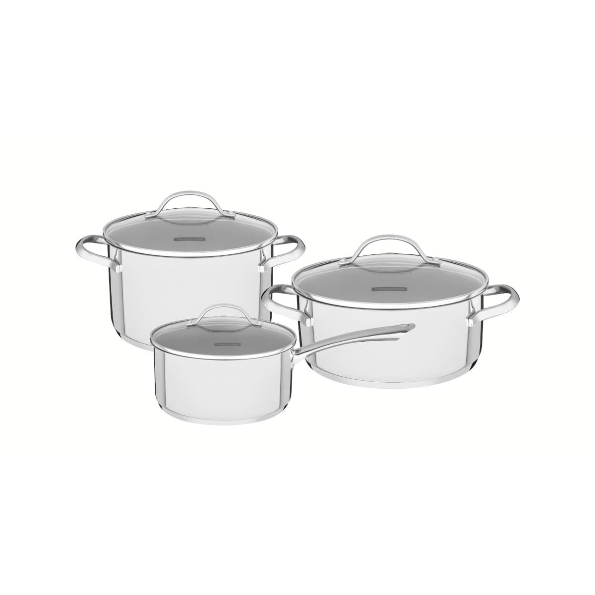 Jogo de Panelas Tramontina Una Aço Inox Fundo Triplo Tampas de Vidro 3 Peças