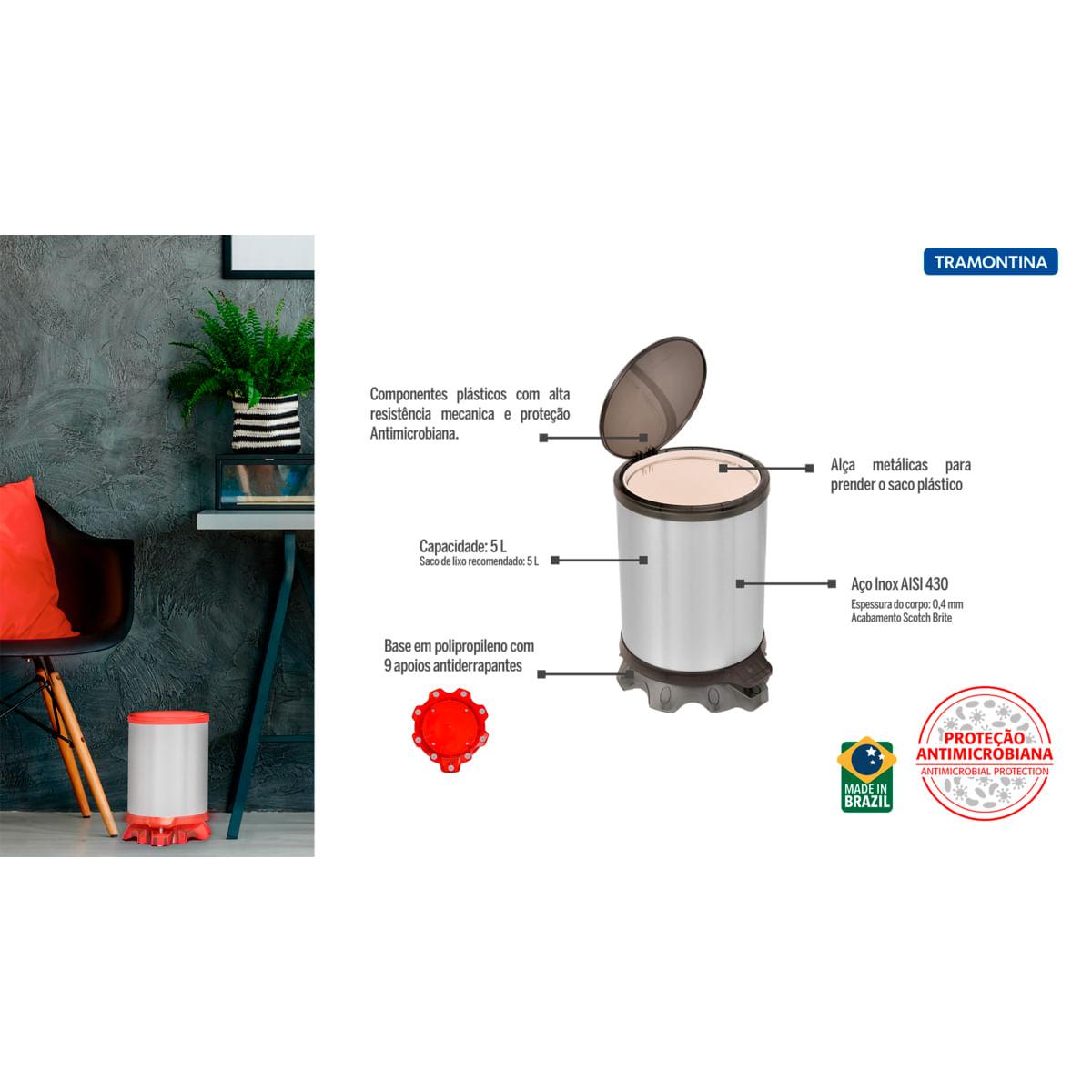 Lixeira Inox Tramontina Sofie Inox Scotch Brite e Detalhes em Plástico Translúcido Preto com Pedal 5 L