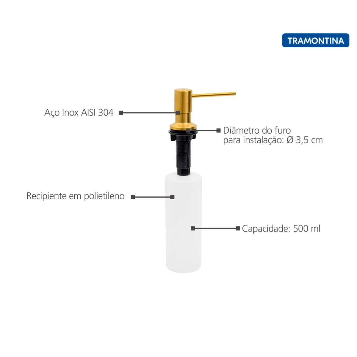 Dosador de Sabão Tramontina em Aço inox Gold com Recipiente Plástico 500 ml com revestimento PVD