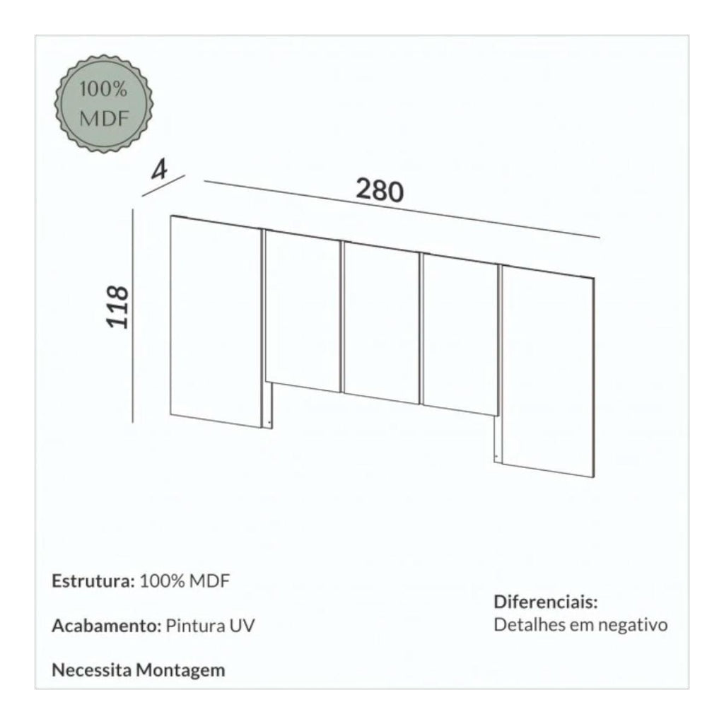 Cabeceira Queen em MDF 280 x 118 cm Lisa Off White Dalla Costa