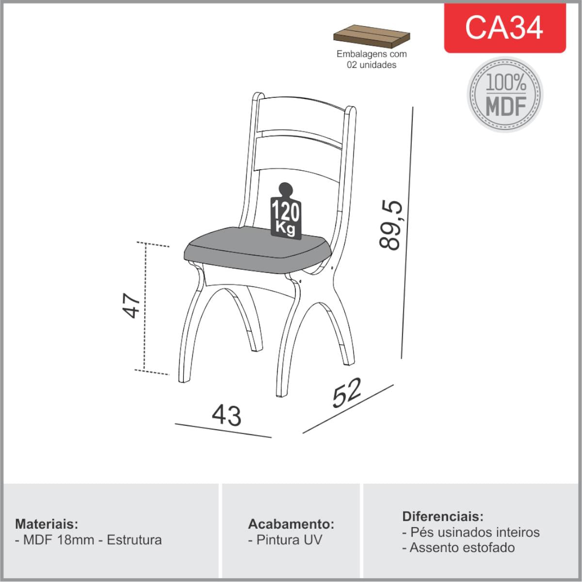 Kit com 2 Cadeiras Estofadas em MDF Freijó CA34J18 Dalla Costa