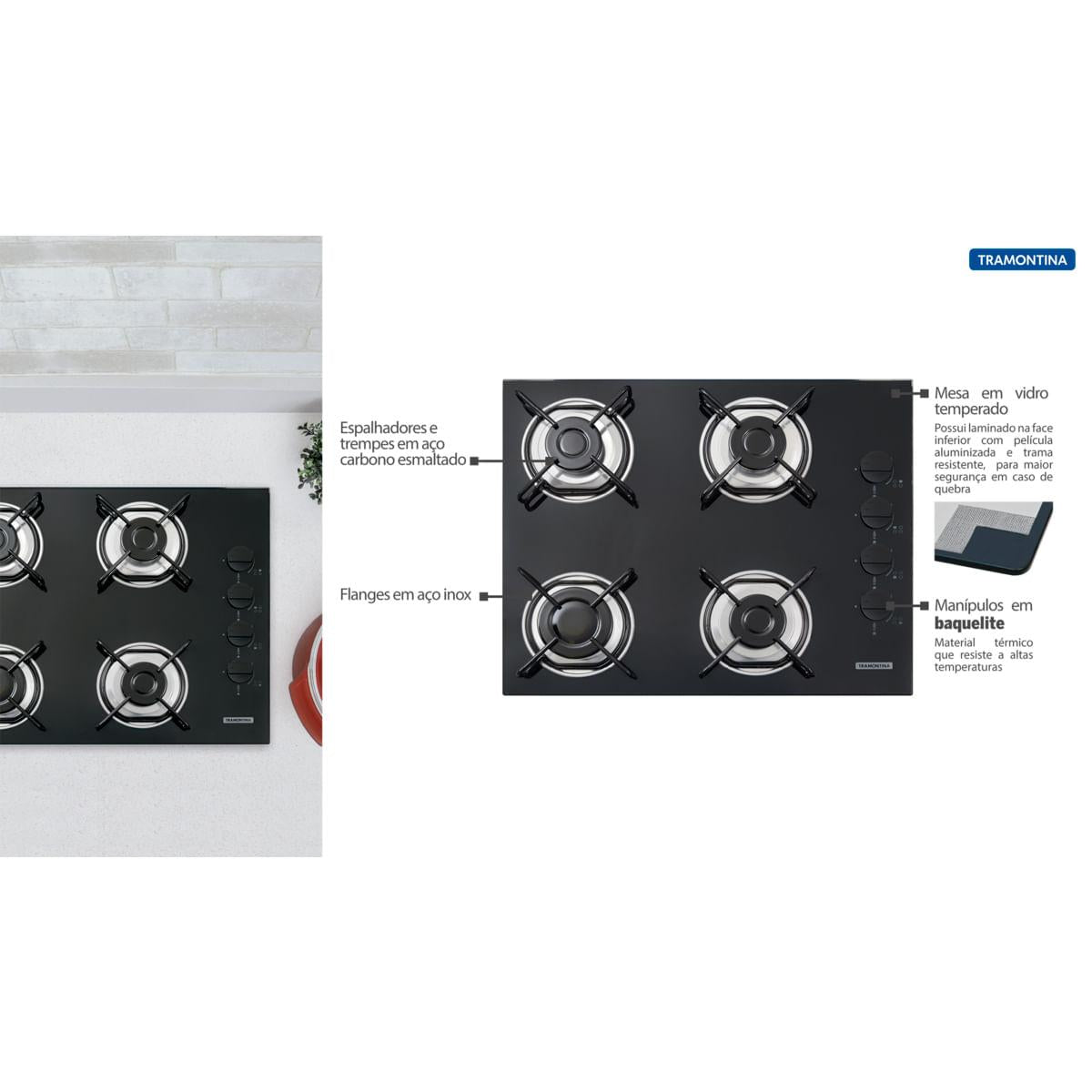 Cooktop a Gás Tramontina Brasil Vidro Temperado Preto 4 Queimadores