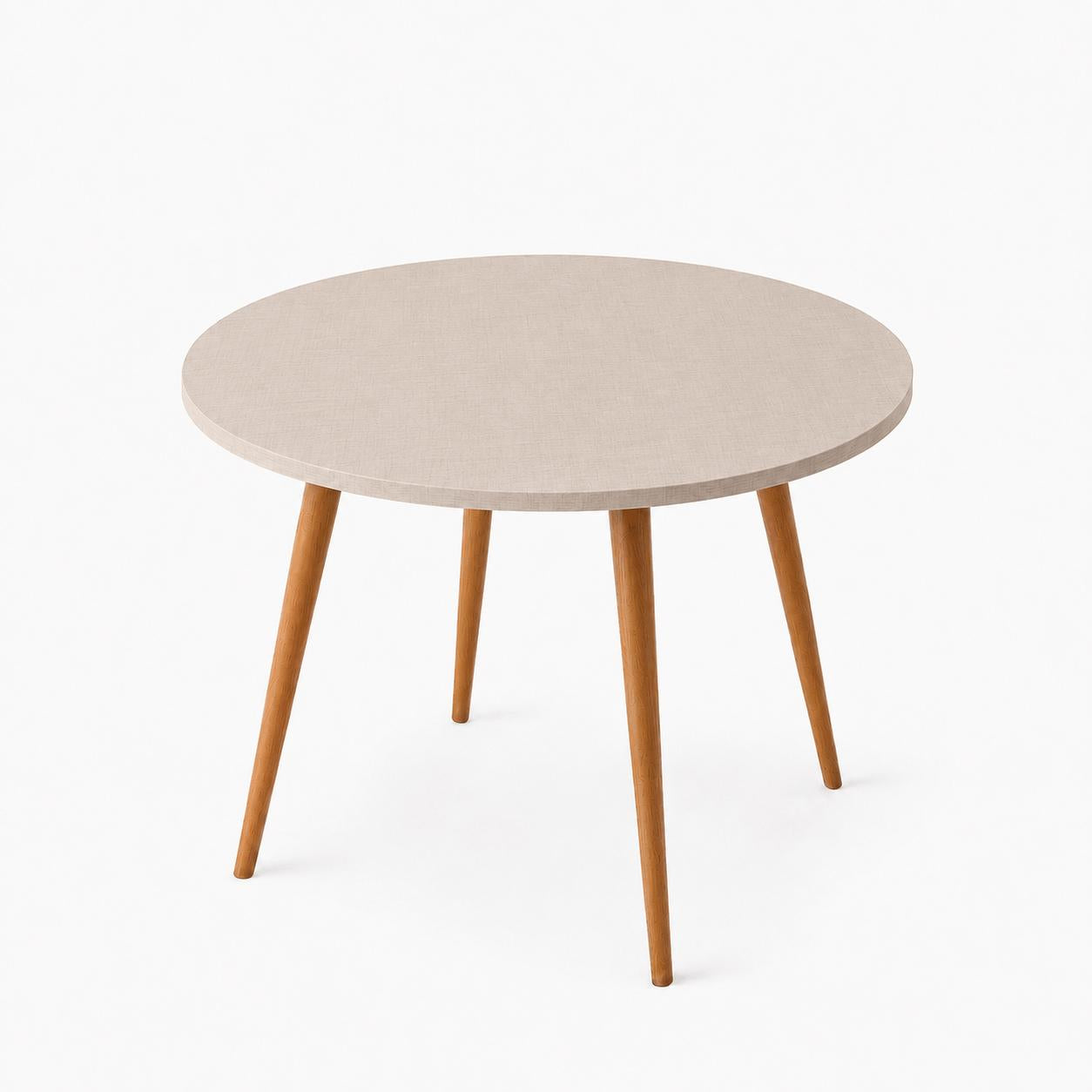 Mesa Jantar Sofia Redonda 80cm Linho Fendi 18mm Pés de Madeira Natural Marin