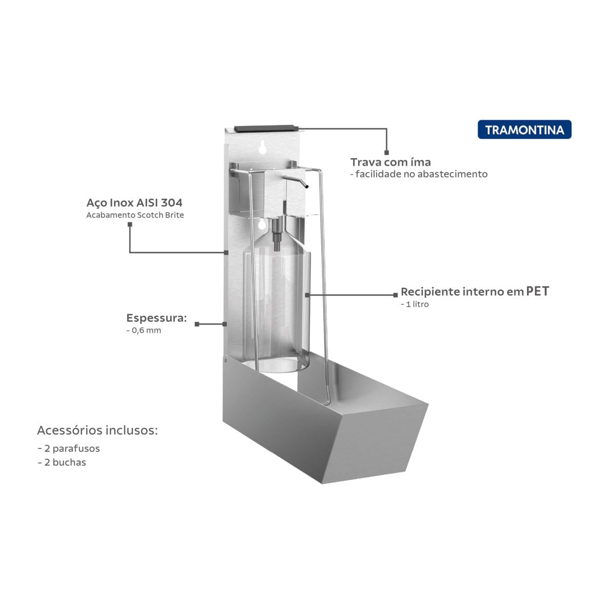 Dispenser para Sabão e Álcool Gel Tramontina em Aço Inox Scotch Brite e Recipiente em PET 1 Litro
