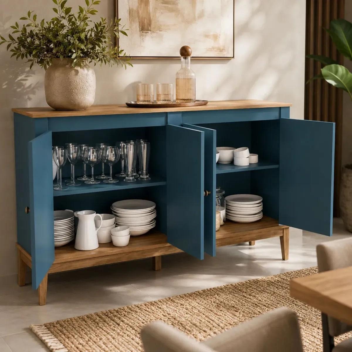 Aparador Colonial 149cm Azul Petróleo 4 Portas Movelbento
