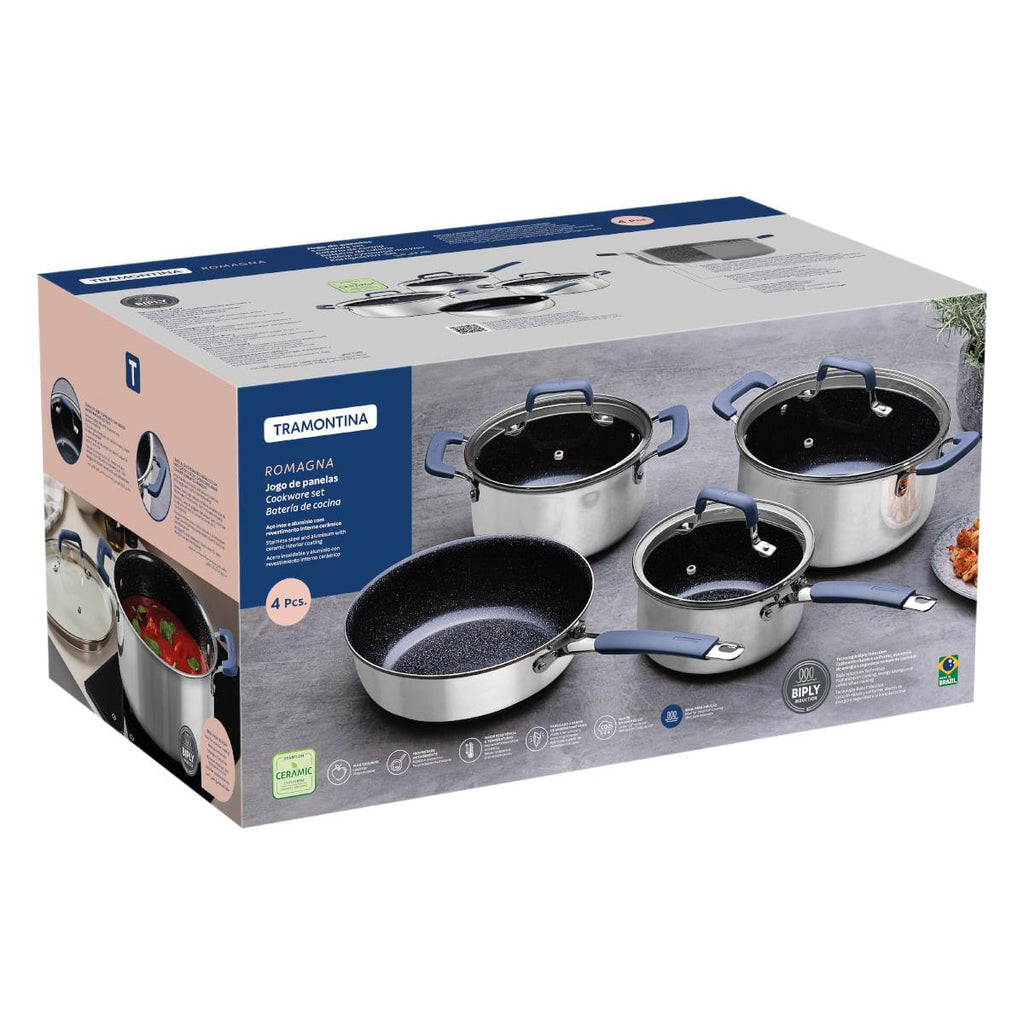 Jogo de Panelas Tramontina Romagna Aço Inox Cerâmico Black Stone 4 peças