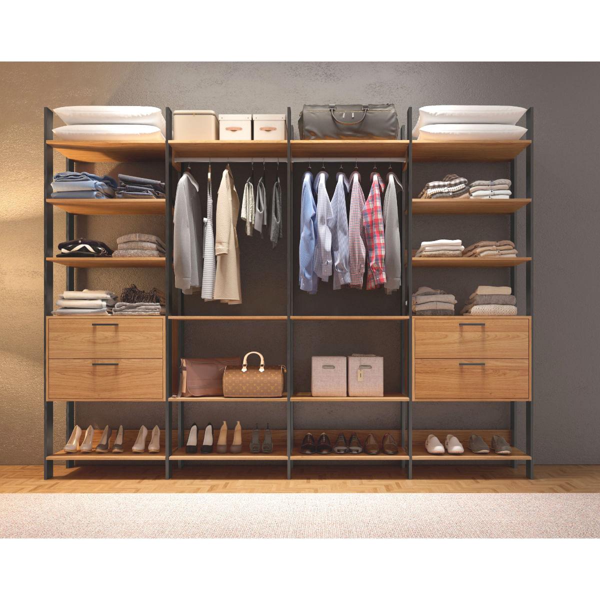 Closet em MDF 2 Cabideiros 4 Gavetas Freijó/Preto Fosco 289 cm TW406 JPF Dalla Costa