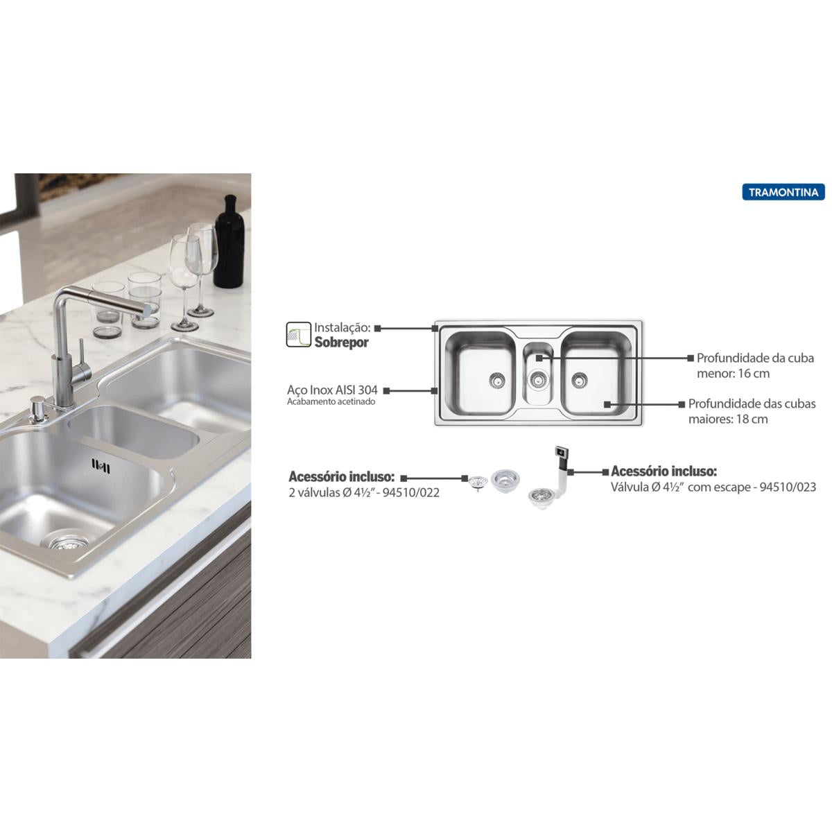 Cuba de Sobrepor Tramontina Marea 2 Cubas e Auxiliar em Aço Inox Acetinado 100 x 50 cm com Válvula OUTLET 94900332